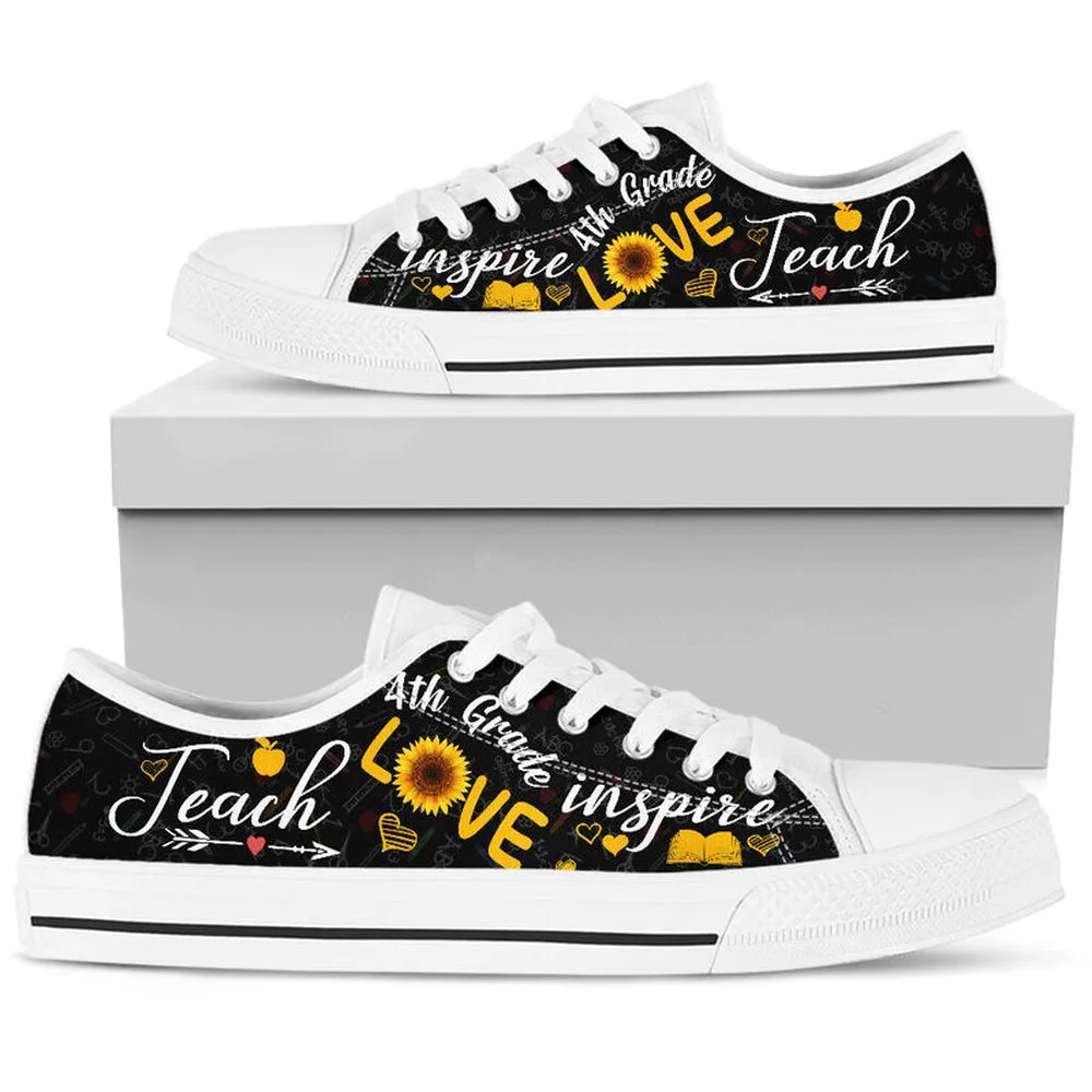 4Th Grade Teach Sunflower Low Top Shoes, Teacher Shoes, Low Top Sneakers