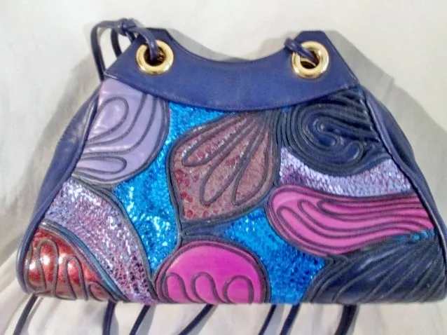 BRACCIALINI ITALY Leather Snakeskin Patchwork Crossbody Shoulder Bag PURPLE BLUE Python