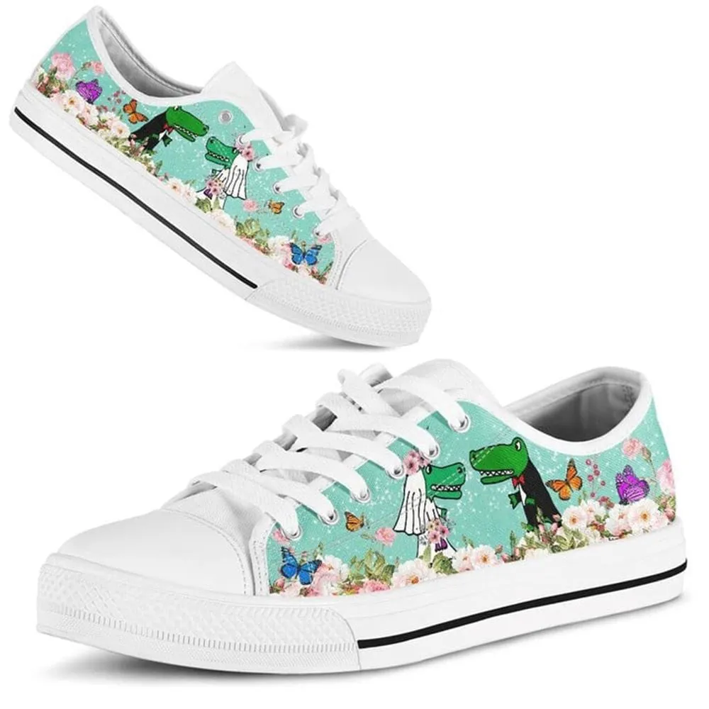 Cute Couple Alligator Love Flower Watercolor Low Top Shoes, Low Top Sneaker, Low Top Canvas Shoes