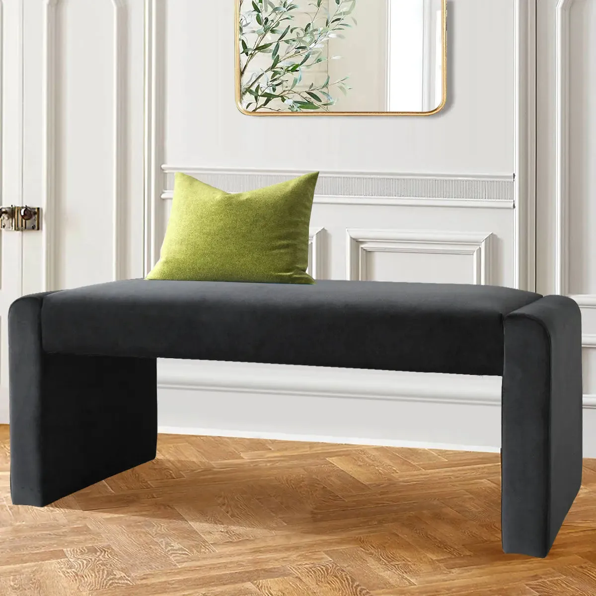 Kaia 47" Modern Faux Leather & Velvet Waterfall Bench