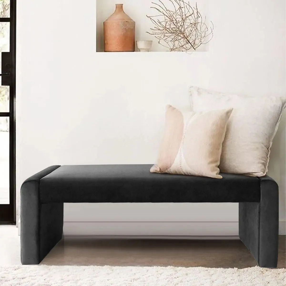 Kaia 47" Modern Faux Leather & Velvet Waterfall Bench