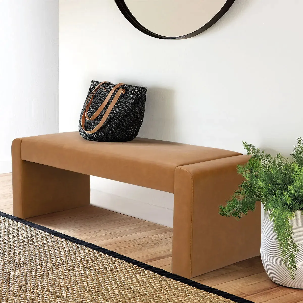 Kaia 47" Modern Faux Leather & Velvet Waterfall Bench