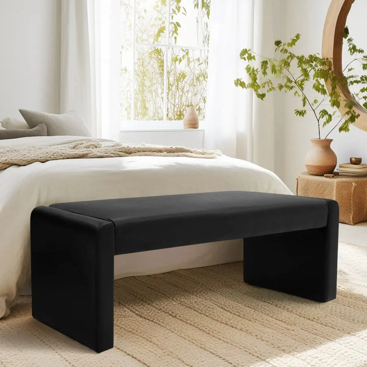 Kaia 47" Modern Faux Leather & Velvet Waterfall Bench