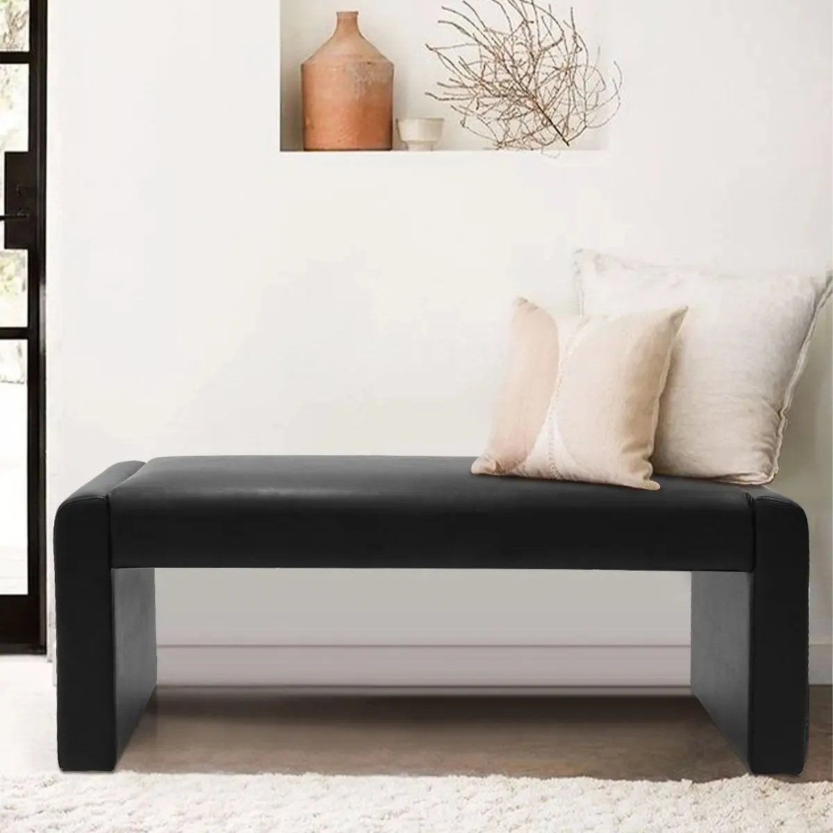 Kaia 47" Modern Faux Leather & Velvet Waterfall Bench