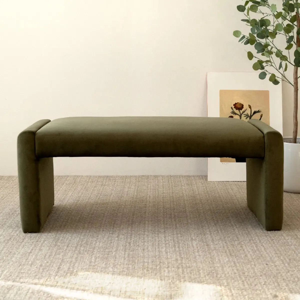 Kaia 47" Modern Faux Leather & Velvet Waterfall Bench