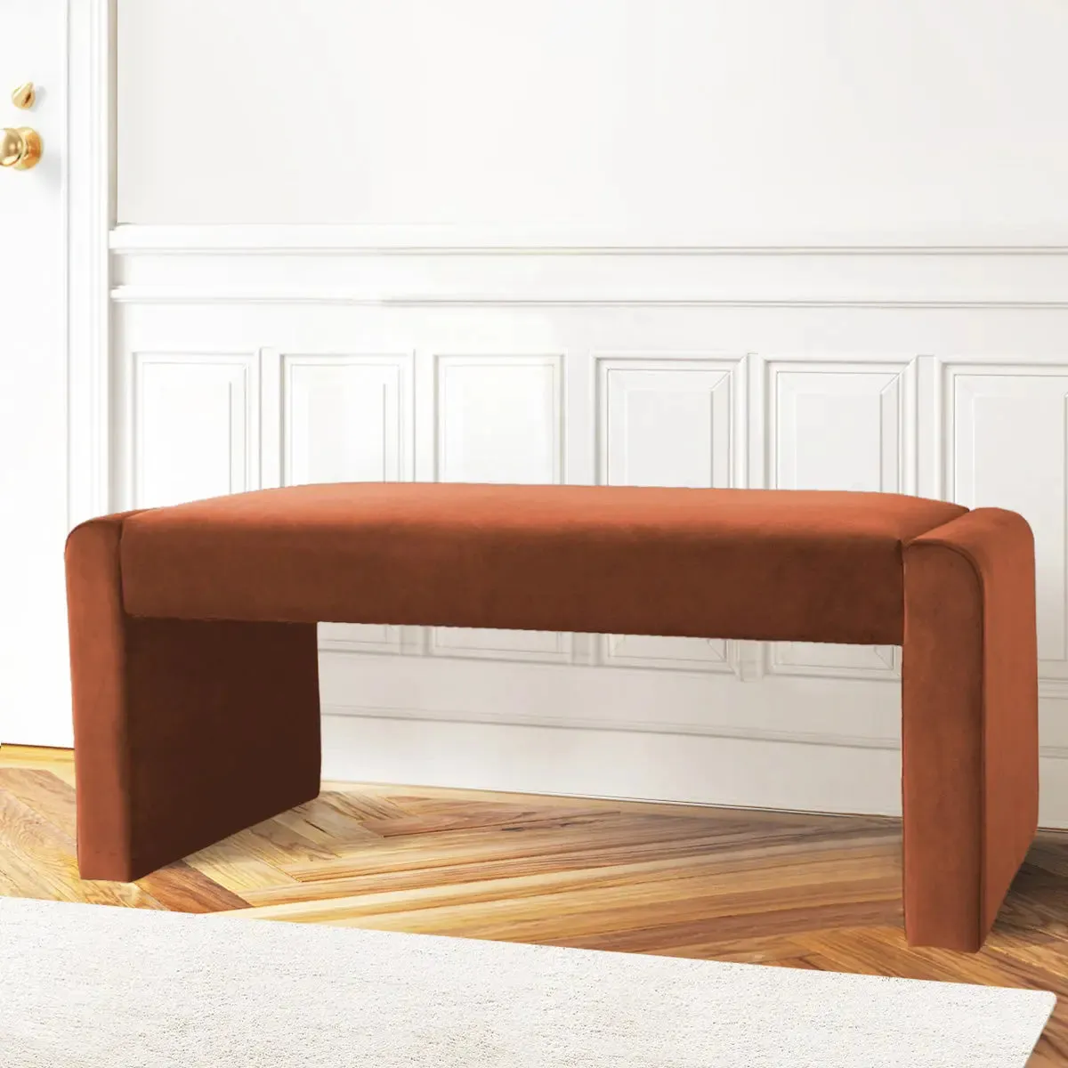 Kaia 47" Modern Faux Leather & Velvet Waterfall Bench