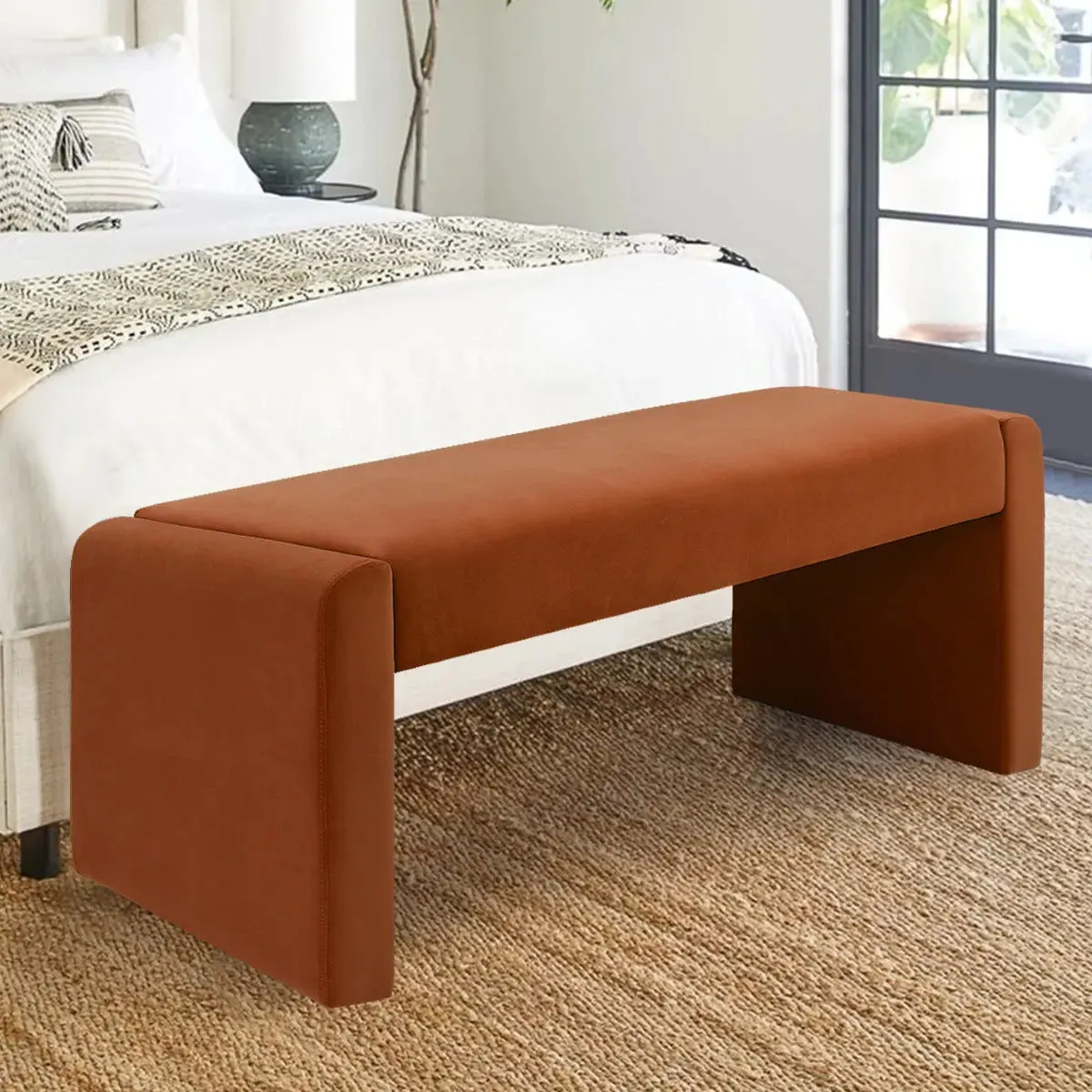 Kaia 47" Modern Faux Leather & Velvet Waterfall Bench