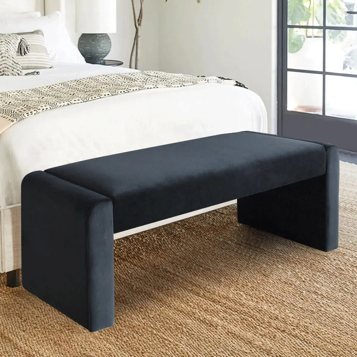 Kaia 47" Modern Faux Leather & Velvet Waterfall Bench