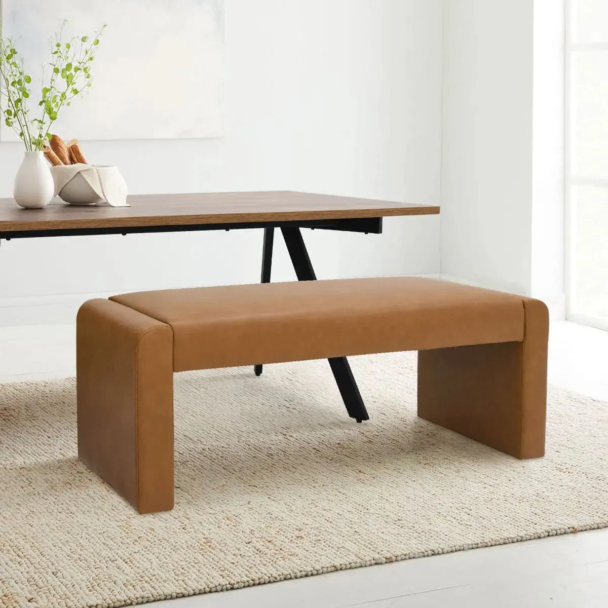 Kaia 47" Modern Faux Leather & Velvet Waterfall Bench