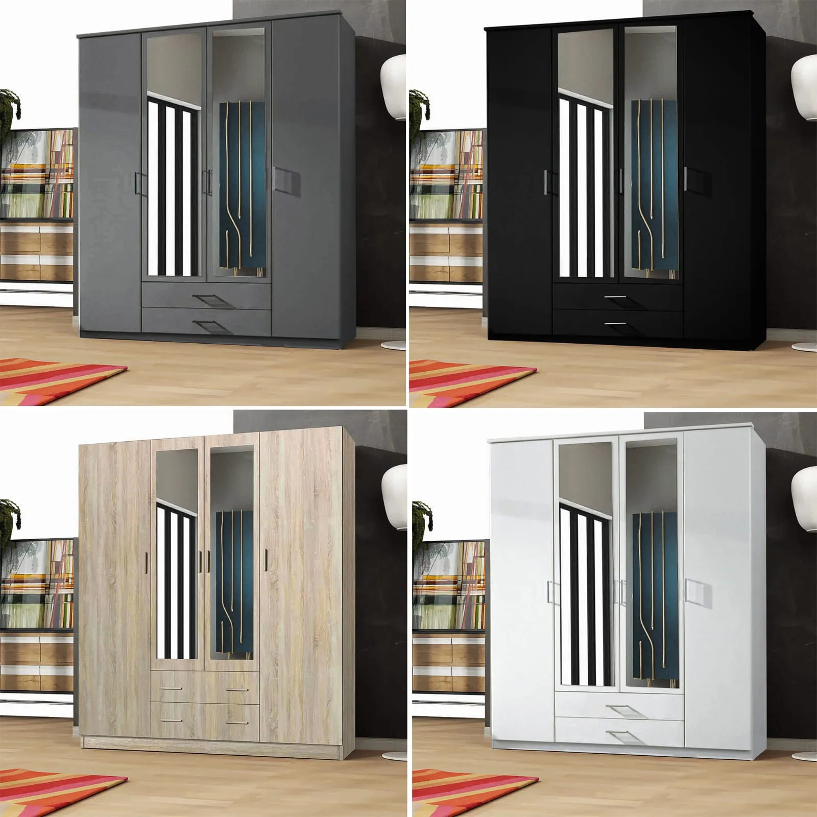 London 4-Door Wardrobe - Spacious and Elegant with Mirror Finish