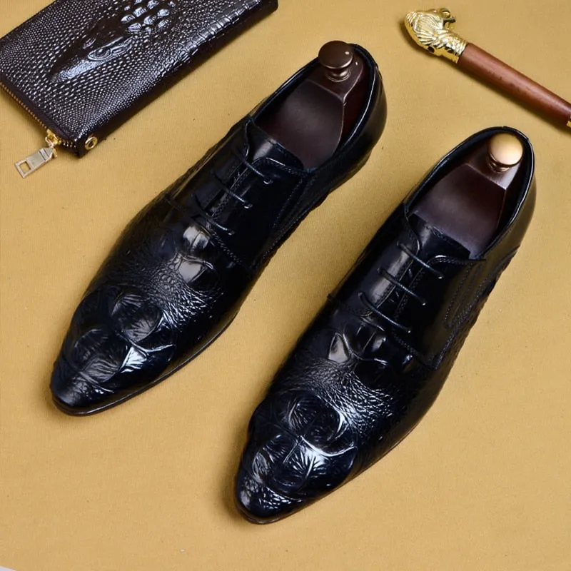 Luxury CrocLeather Pointed Toe Brogue Dress Shoes