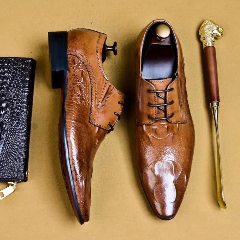 Luxury CrocLeather Pointed Toe Brogue Dress Shoes