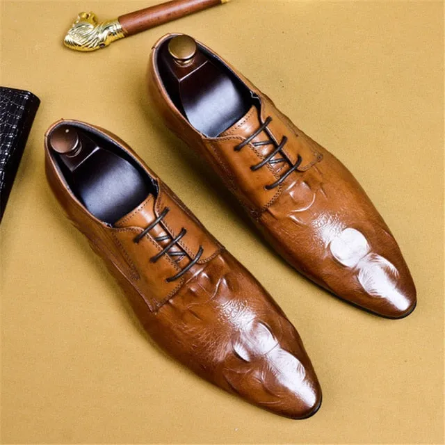 Luxury CrocLeather Pointed Toe Brogue Dress Shoes