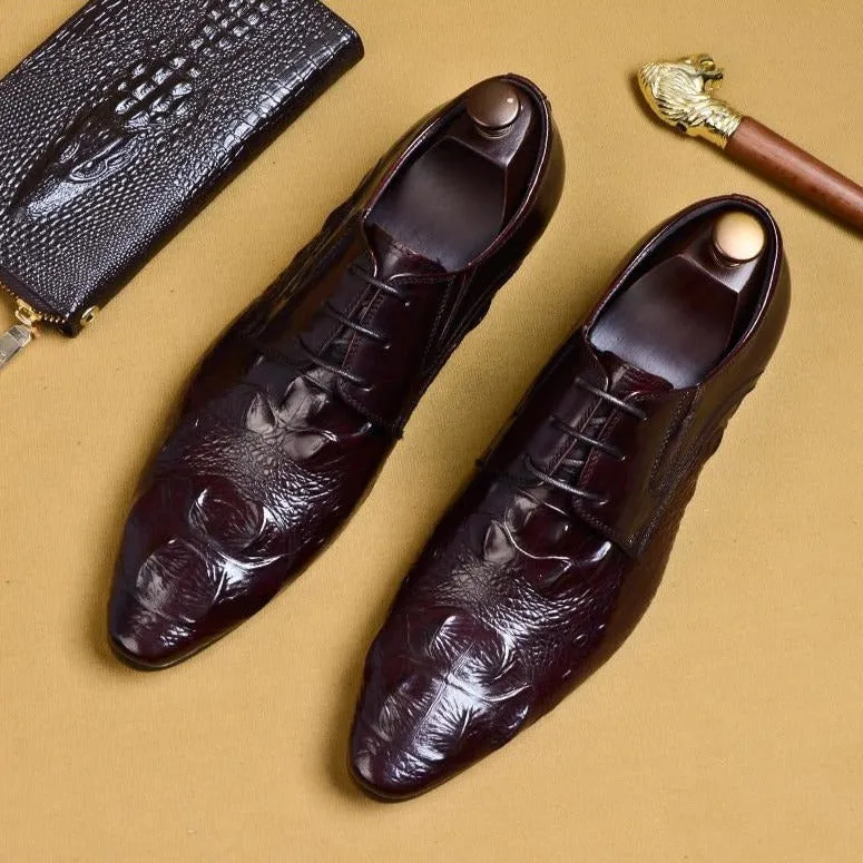 Luxury CrocLeather Pointed Toe Brogue Dress Shoes