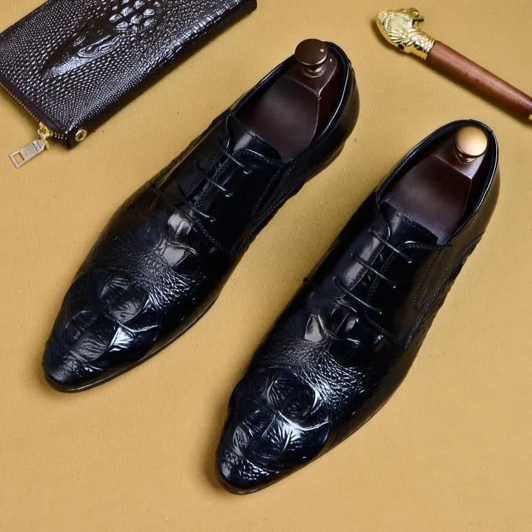 Luxury CrocLeather Pointed Toe Brogue Dress Shoes