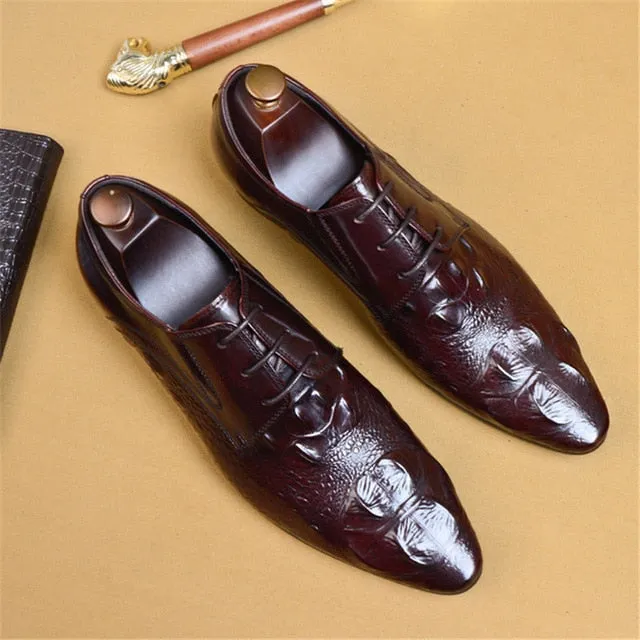 Luxury CrocLeather Pointed Toe Brogue Dress Shoes