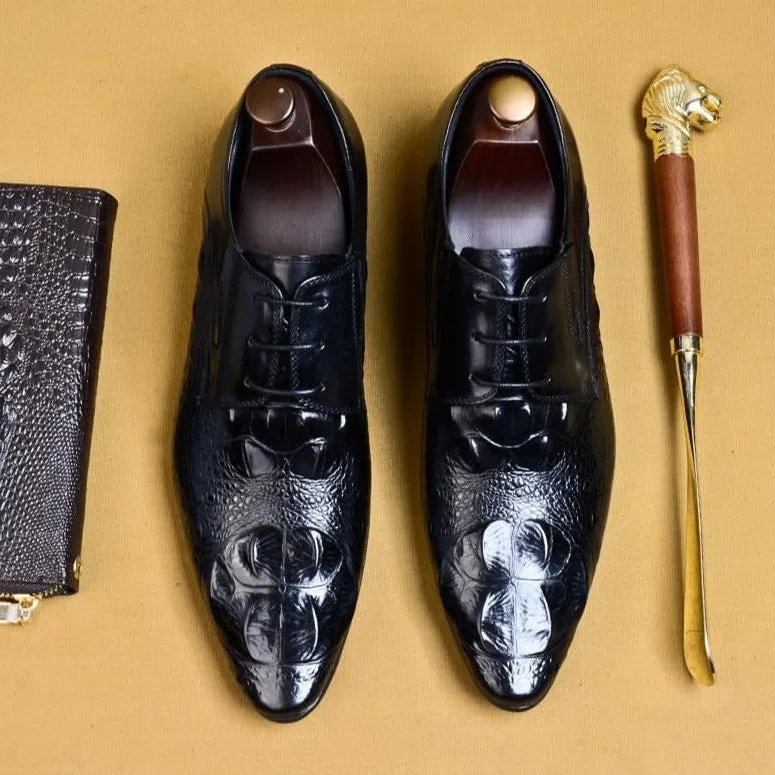 Luxury CrocLeather Pointed Toe Brogue Dress Shoes