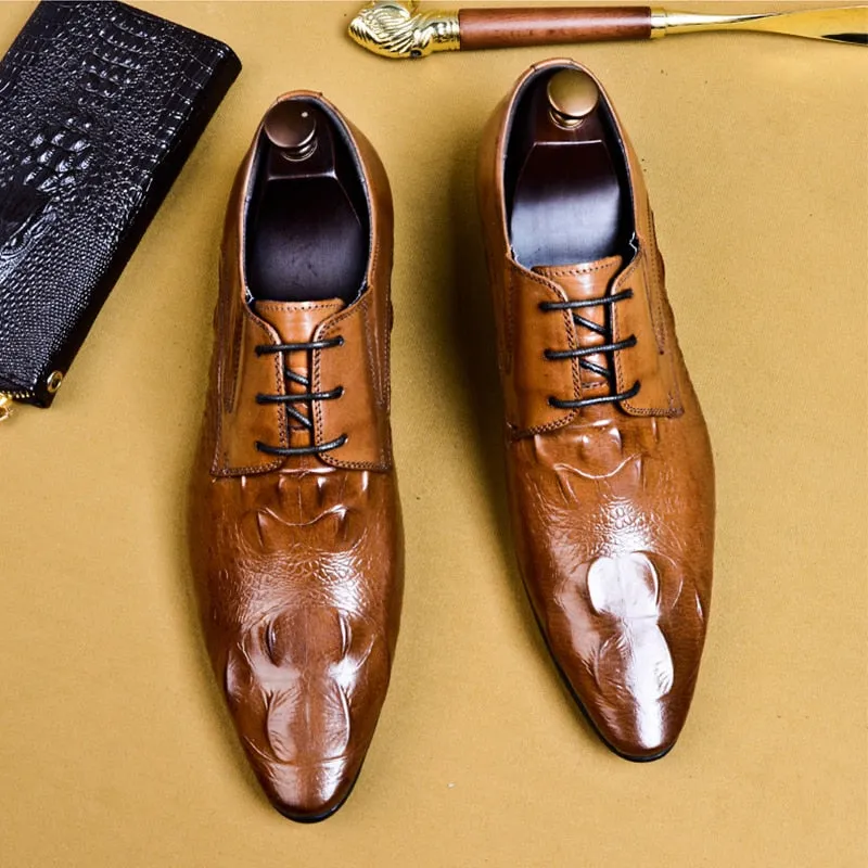 Luxury CrocLeather Pointed Toe Brogue Dress Shoes