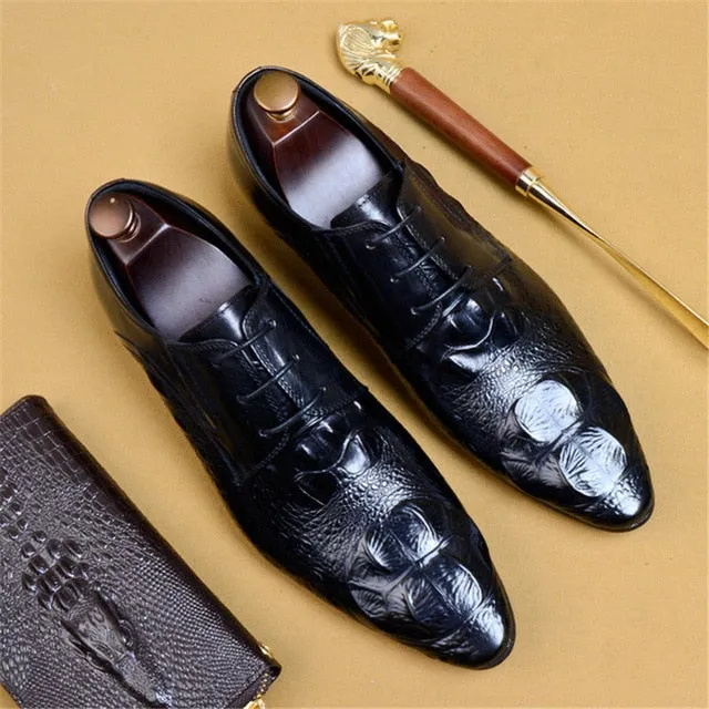 Luxury CrocLeather Pointed Toe Brogue Dress Shoes