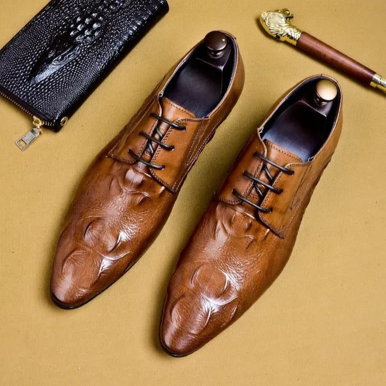 Luxury CrocLeather Pointed Toe Brogue Dress Shoes