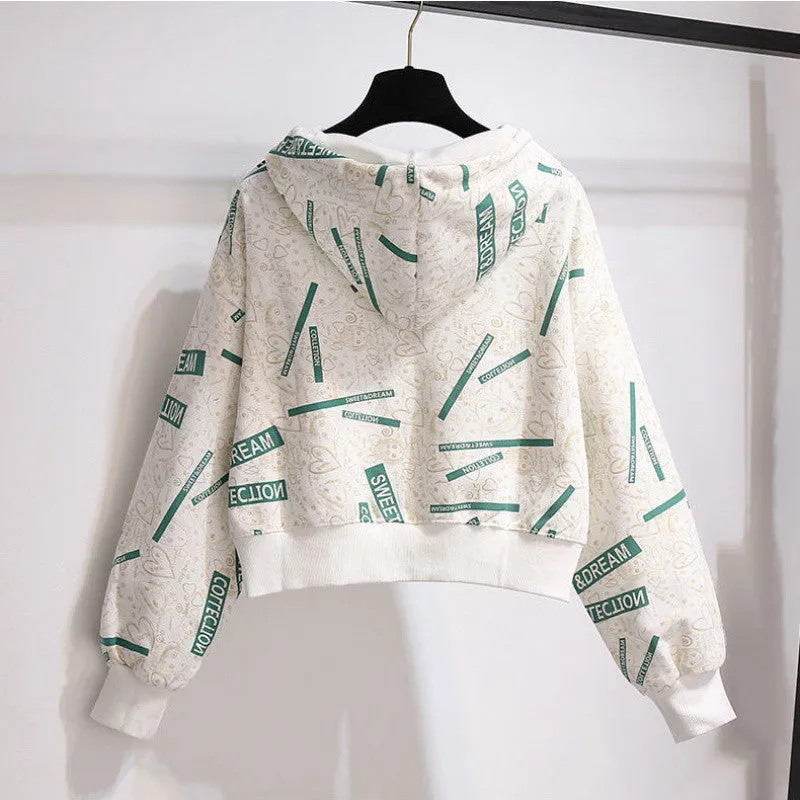 METAVERSMALL Hooded sweater women's New spring and autumn new loose thin drawstring printed versatile top design sense niche tide