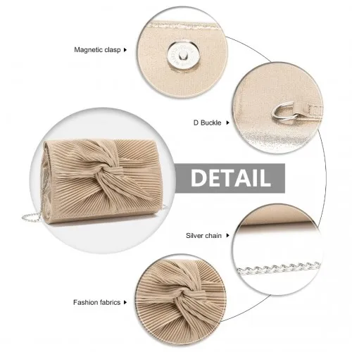 Miss Lulu Women's Light Gold Pleated Bow Evening Bag Clutch Handbag - Perfect for Parties & Special Occasions