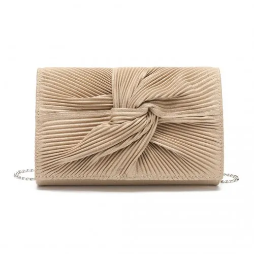 Miss Lulu Women's Light Gold Pleated Bow Evening Bag Clutch Handbag - Perfect for Parties & Special Occasions