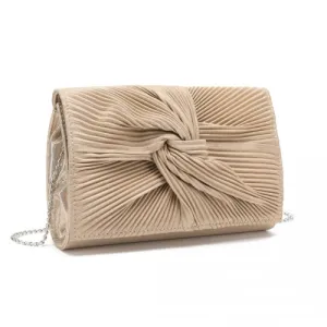 Miss Lulu Women's Light Gold Pleated Bow Evening Bag Clutch Handbag - Perfect for Parties & Special Occasions