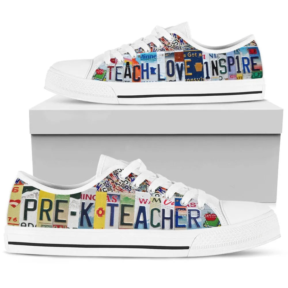 Pre K Teacher Inspire License Plates Low Top Shoes, Teacher Shoes, Low Top Sneakers