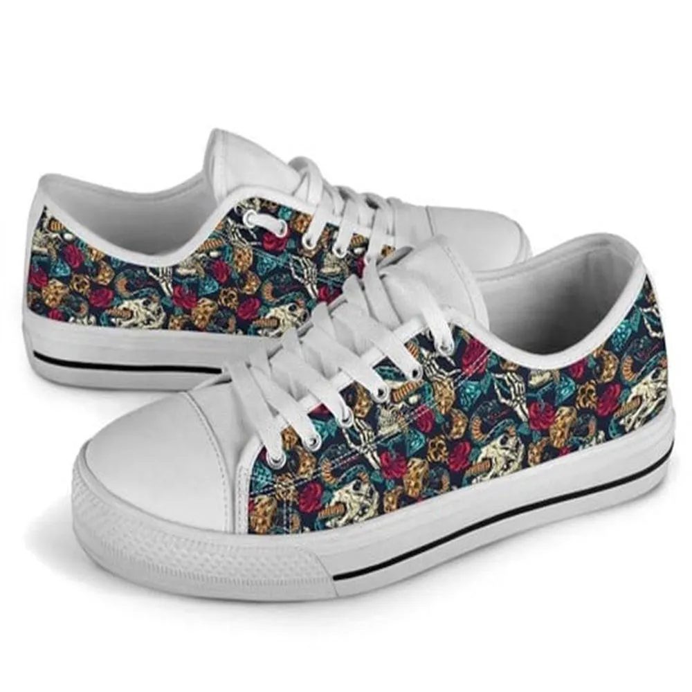 Skull Rose Snake Red Canvas Low Top Shoes, Low Top Sneaker, Low Top Canvas Shoes