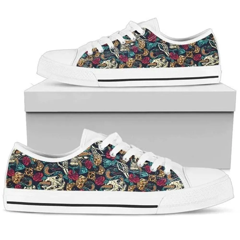 Skull Rose Snake Red Canvas Low Top Shoes, Low Top Sneaker, Low Top Canvas Shoes