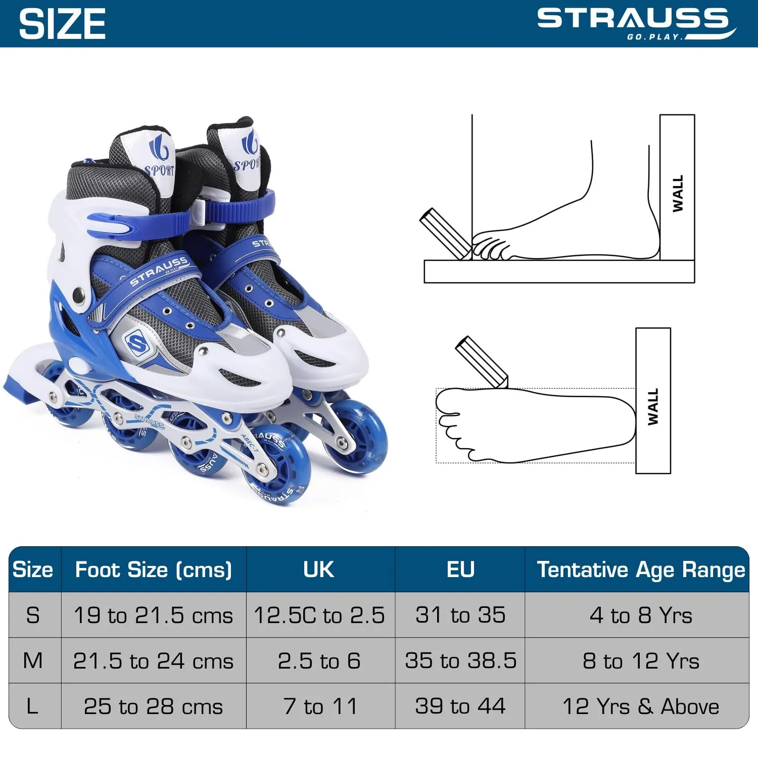 STRAUSS Vortex Adjustable Size Inline Skates | Skating Shoes for Boys & Girls | 4 Wheels |Beginner-Friendly Skating Shoe | Adjustable Roller Blades | Enhanced Stability and Support| Size S,(Blue)