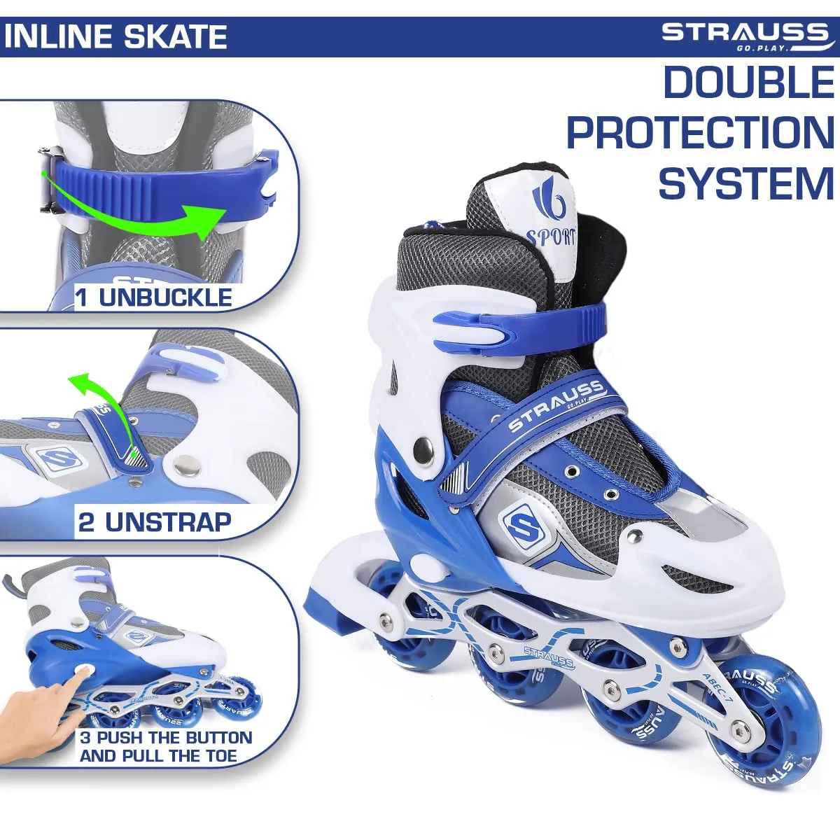 STRAUSS Vortex Adjustable Size Inline Skates | Skating Shoes for Boys & Girls | 4 Wheels |Beginner-Friendly Skating Shoe | Adjustable Roller Blades | Enhanced Stability and Support| Size S,(Blue)